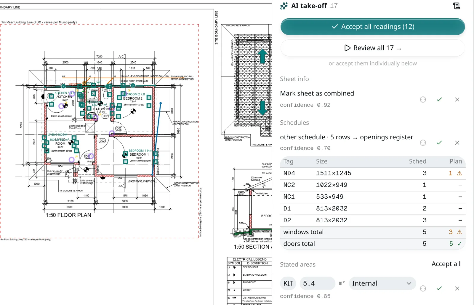 A marked-up floor plan with Corbel's AI take-off panel beside it: schedule and stated-area readings waiting to be accepted, with an Accept all readings button.