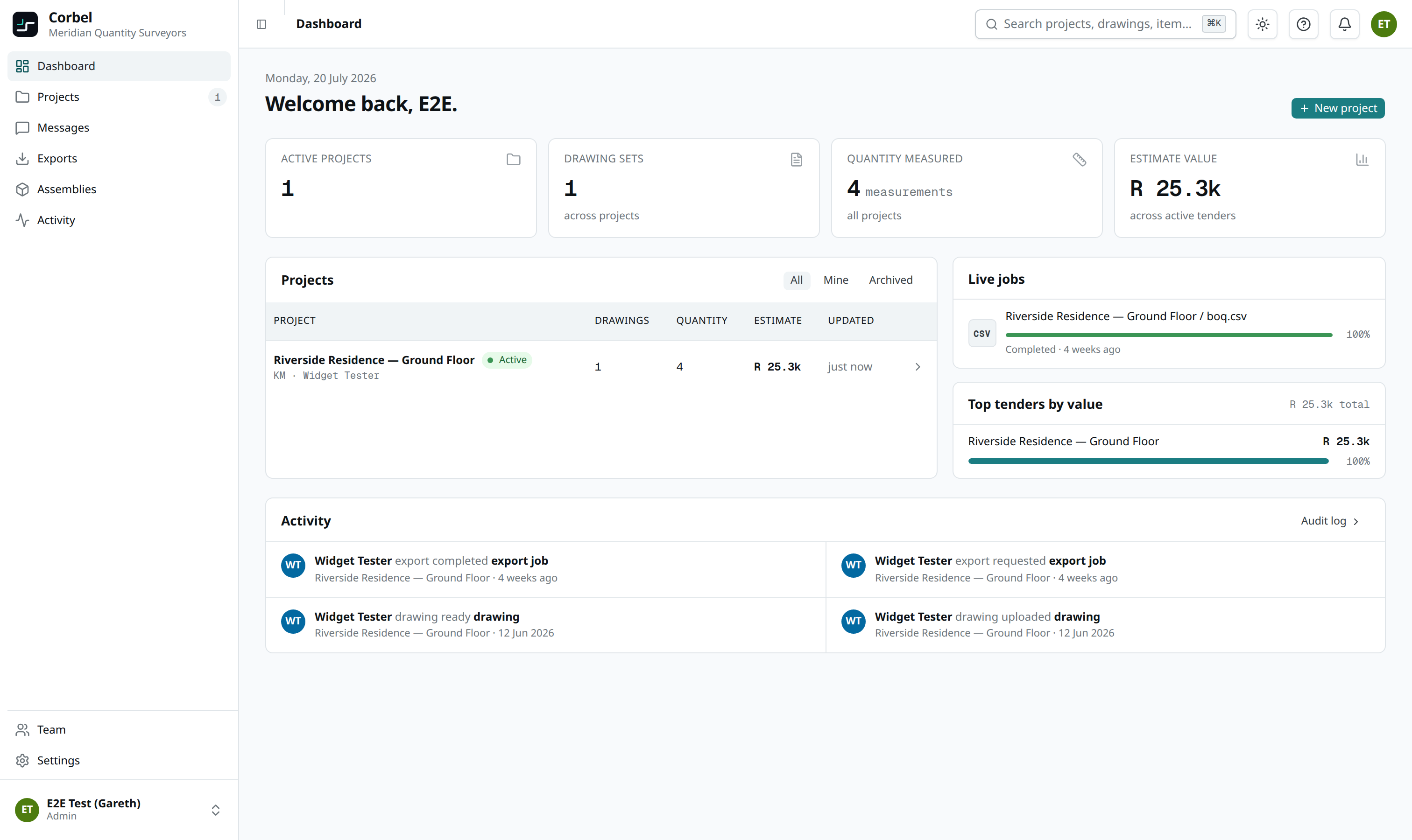 Corbel dashboard — every take-off project, drawing and estimate in one place